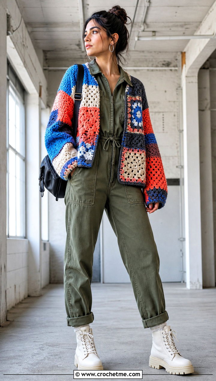 Patchwork Crochet Oversized Sweater With Utility Jumpsuit - 20 Easy Crochet Oversized Sweater outfit ideas