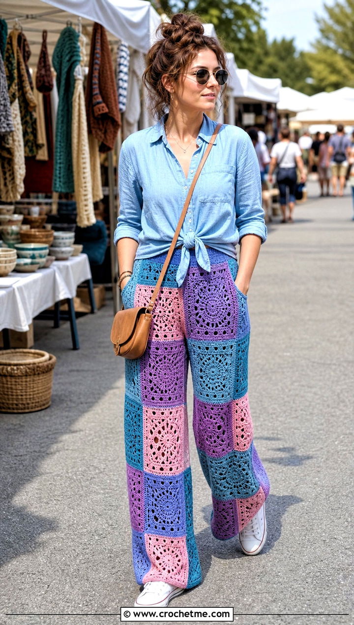 Patchwork Crochet Palazzo Pants With Chambray Shirt - 30 crochet palazzo pants outfit ideas