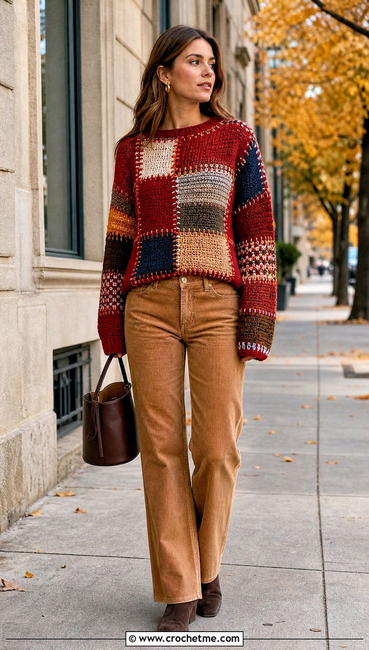 Patchwork Crochet Panel Sweater With Corduroy Pants - 30 crochet panel sweater outfit ideas