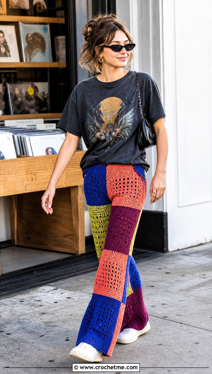 Patchwork Crochet Pants With A Graphic T Shirt - 35 Summer Crochet Pants Outfit ideas