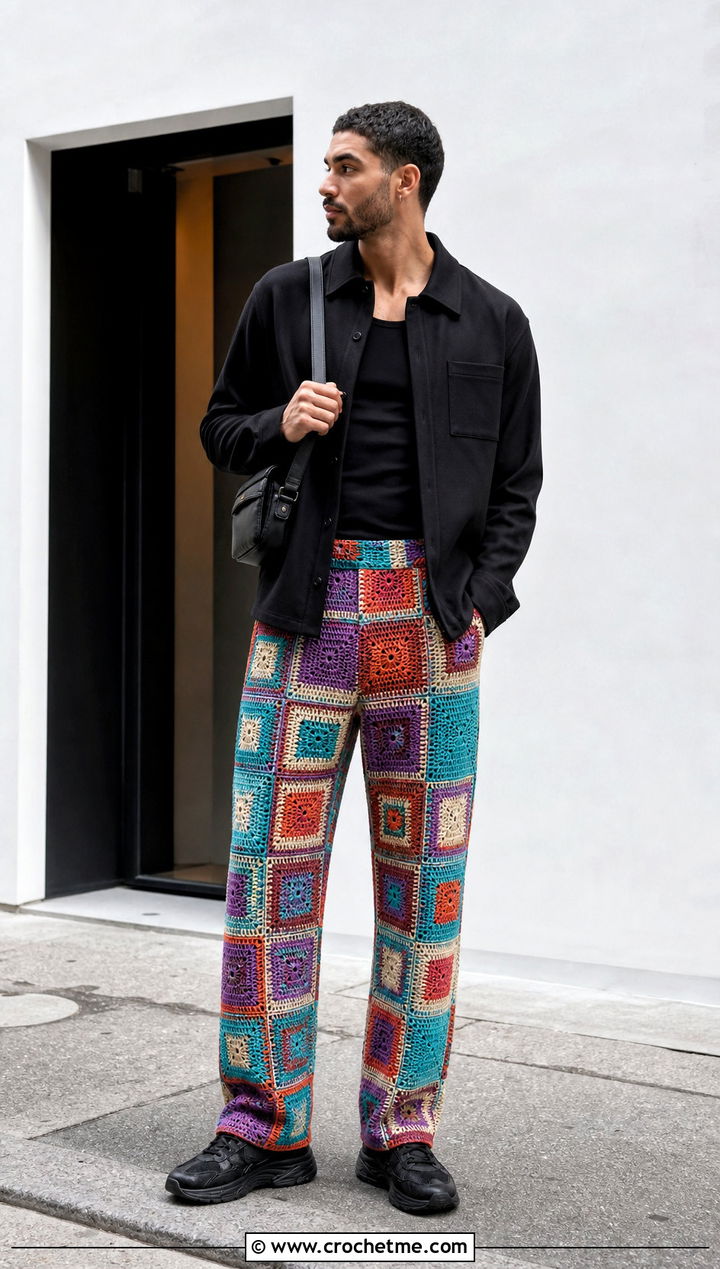 Patchwork Crochet Pants With Black Overshirt - 15 crochet men pants outfit ideas