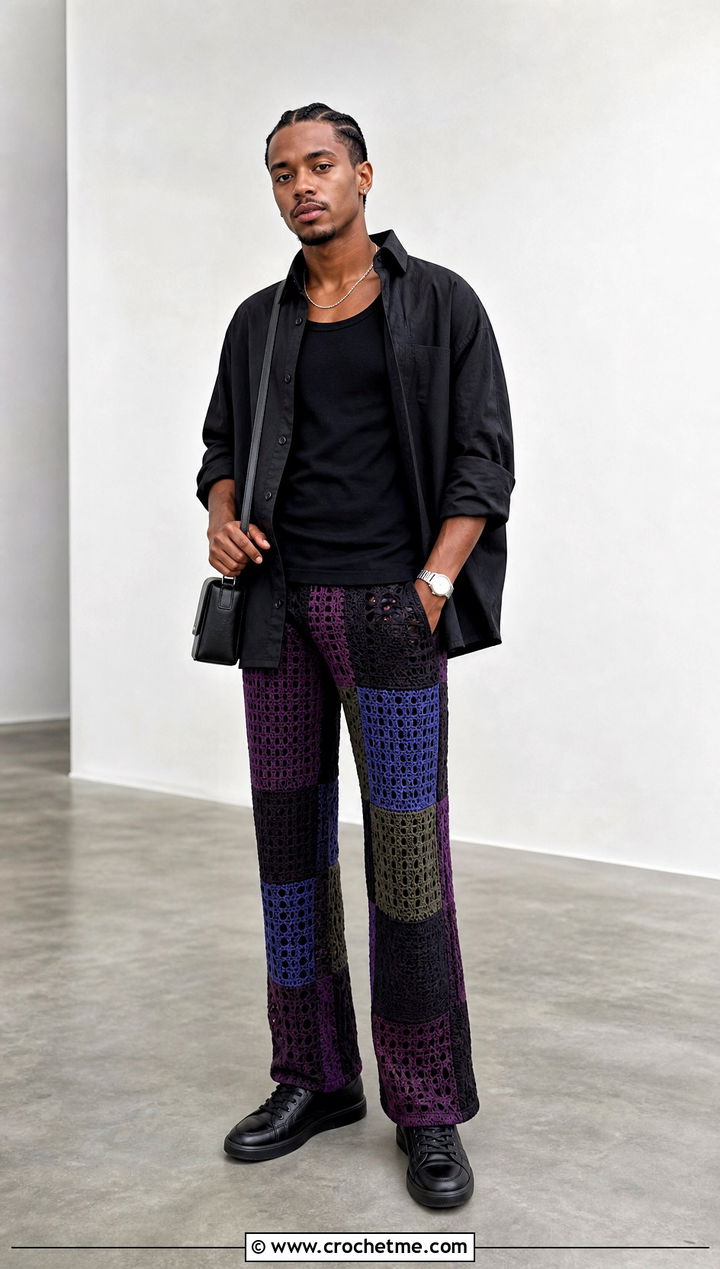 Patchwork Crochet Pants With Black Overshirt - 35 crochet pants men outfit ideas
