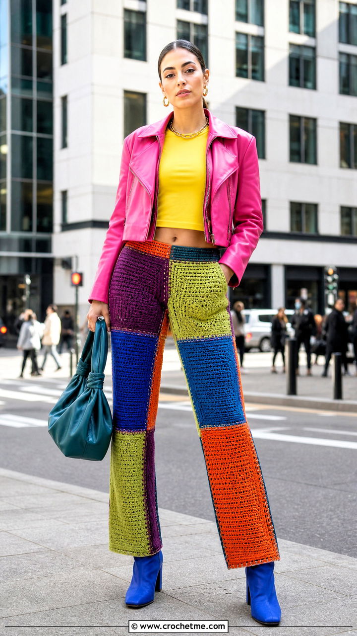 Patchwork Crochet Pants With Leather Jacket - 35 crochet pants outfit ideas