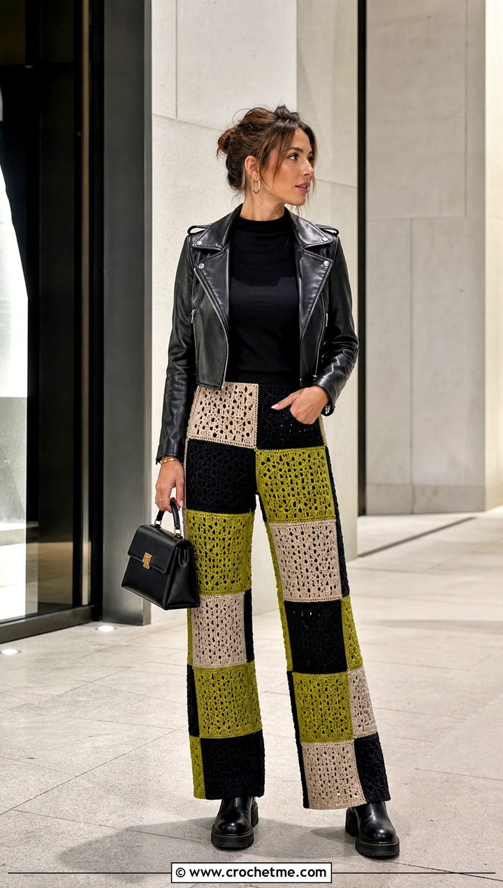 Patchwork Crochet Pants With Leather Jacket - 30 Crochet Pant Outfit ideas