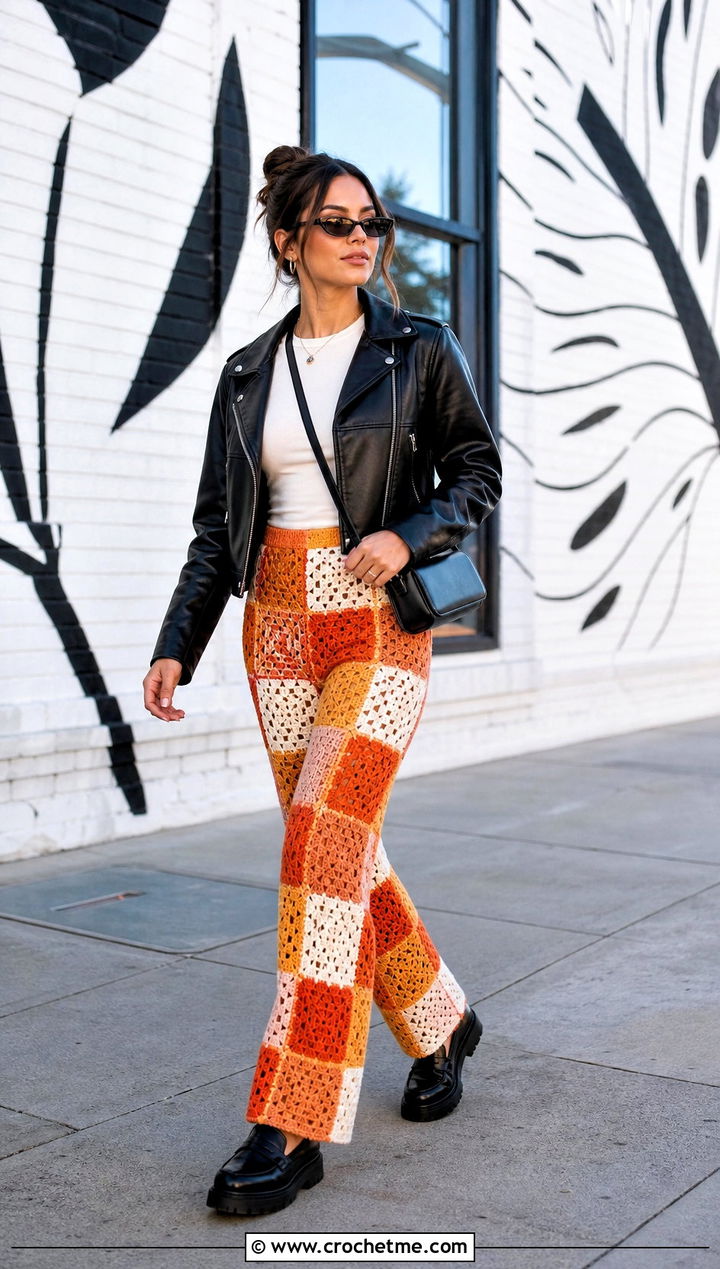 Patchwork Crochet Pants With Leather Moto Jacket - 25 women crocheted pants outfit ideas