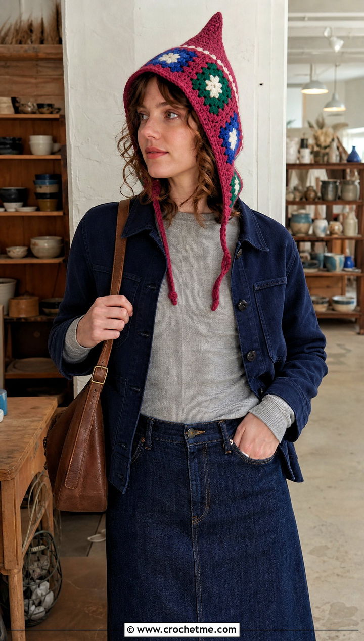 Patchwork Crochet Pixie Hood With Denim Skirt - 30 crochet pixie hat outfit ideas