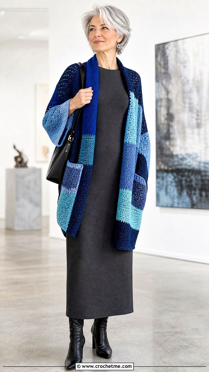 Patchwork Crochet Pocket Shawl With Column Dress - 35 crochet pocket shawl outfit ideas