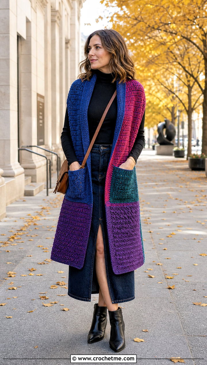 Patchwork Crochet Pocket Wrap With Denim Midi Skirt - 25 Crochet Pocket Wrap outfit ideas