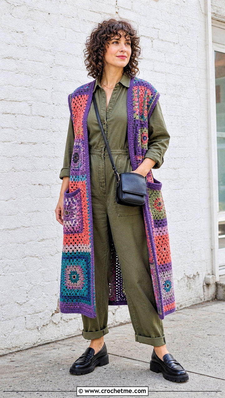 Patchwork Crochet Pocket Wrap With Utility Jumpsuit - 35 crochet wrap with pockets outfit ideas