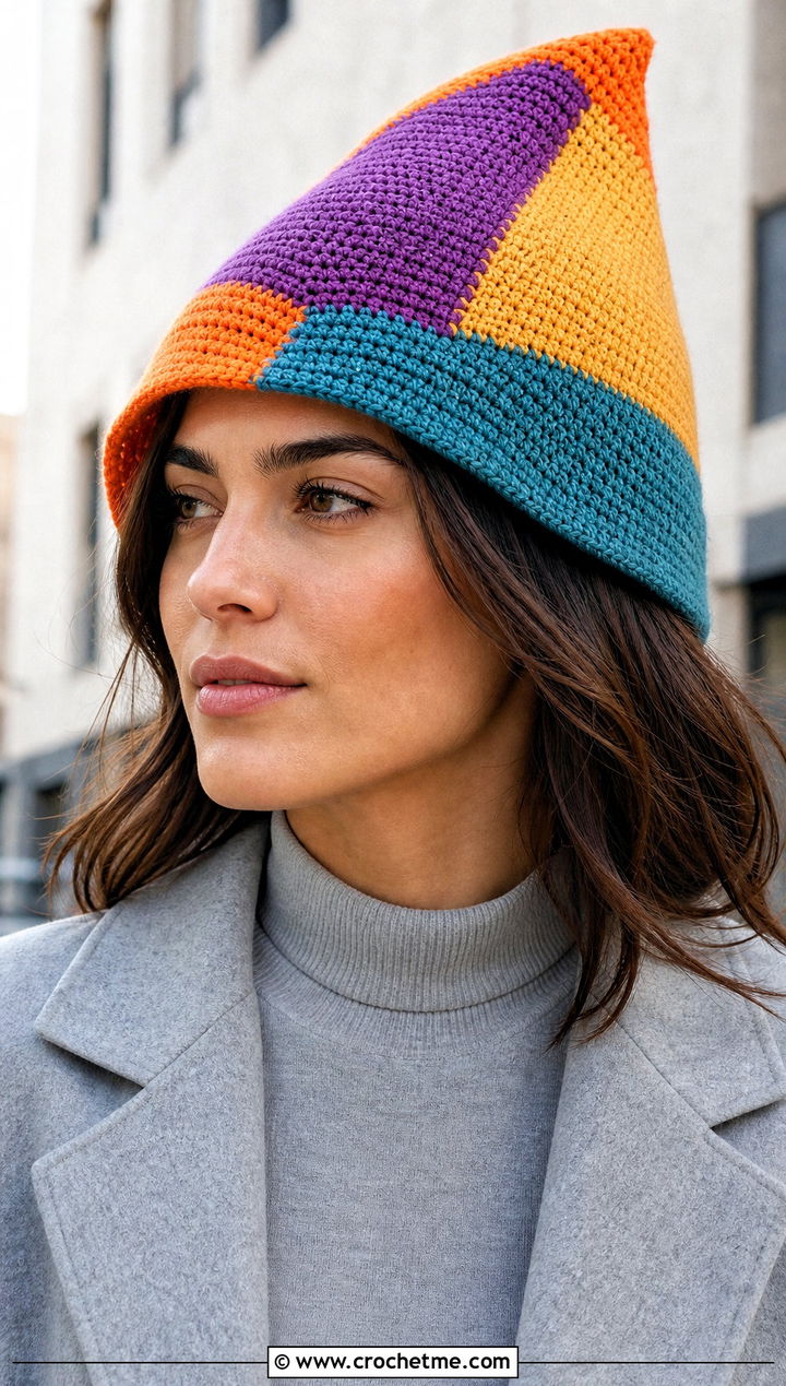 Patchwork Crochet Pointed Hat With Monochrome Outfit - 25 Crochet Pointed Hat outfit ideas