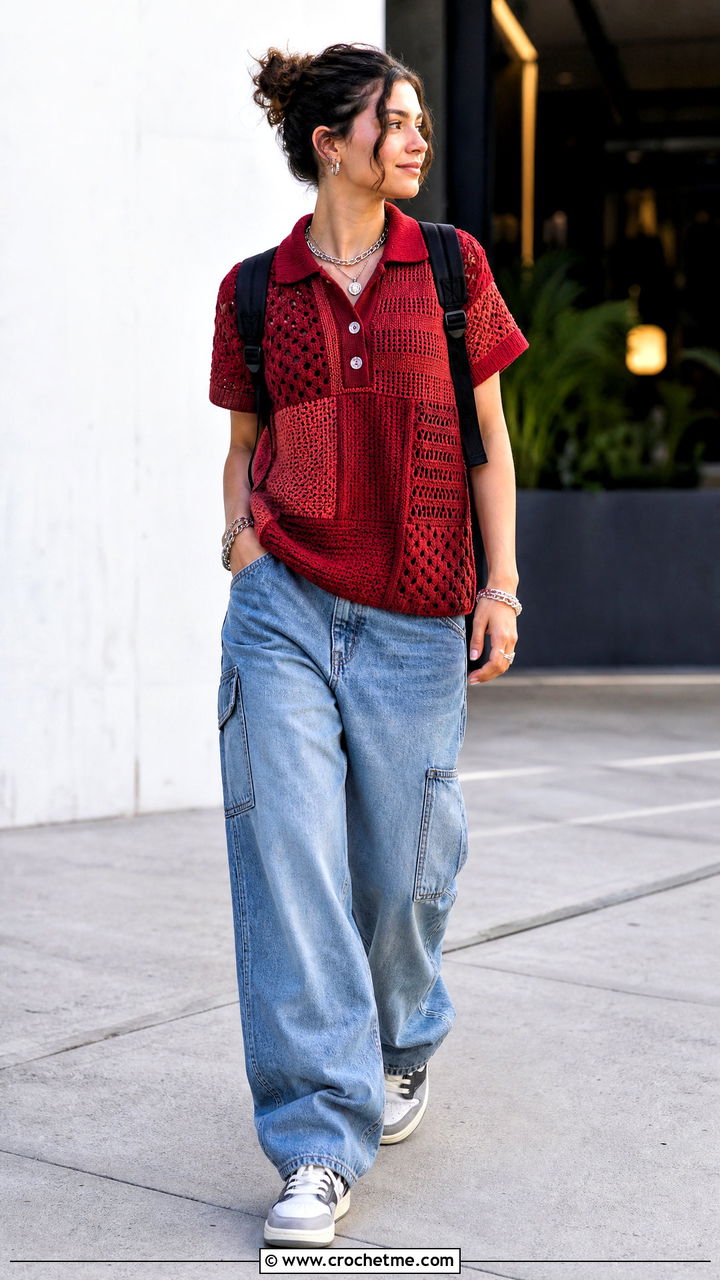 Patchwork Crochet Polo Shirt With Carpenter Jeans - 35 crochet polo shirt outfit ideas