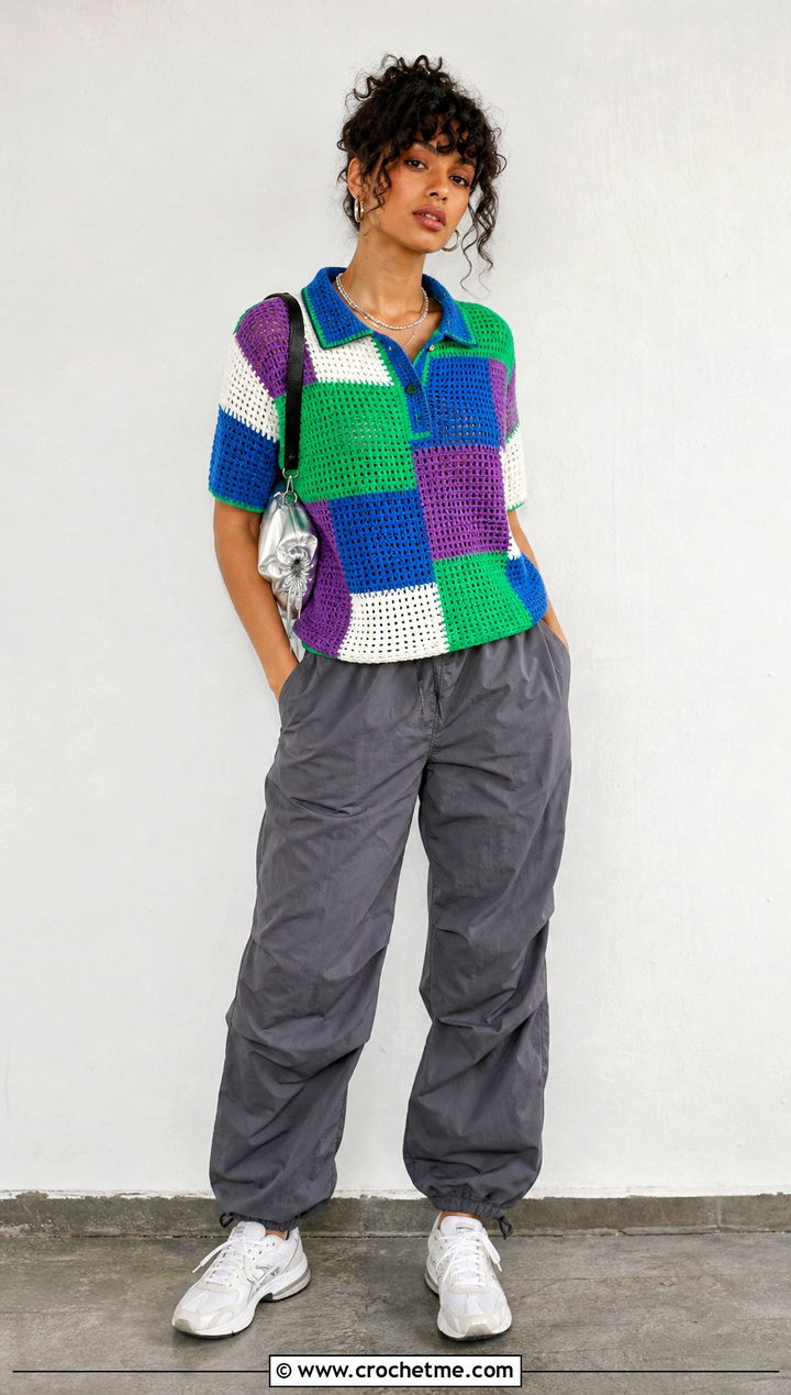 Patchwork Crochet Polo Shirt With Parachute Pants - 25 women crochet polo shirt outfit ideas
