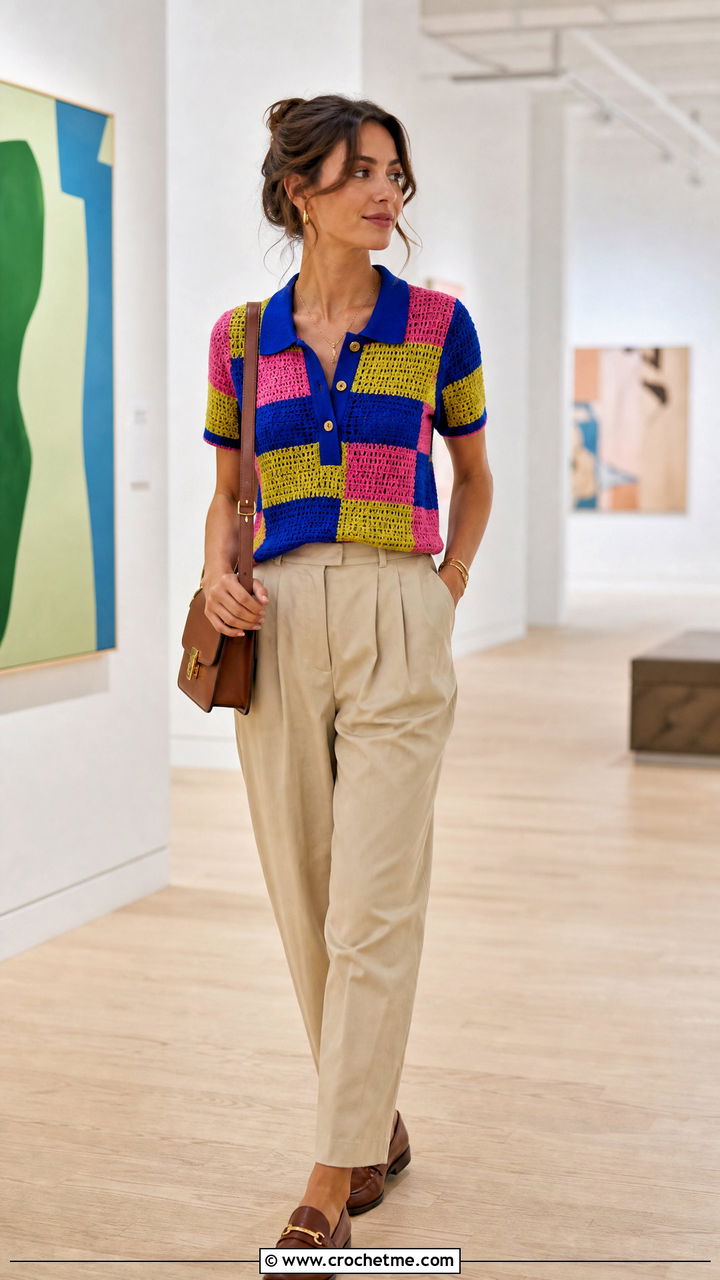 Patchwork Crochet Polo Sweater With Chinos - 35 patchwork crochet sweater outfit ideas