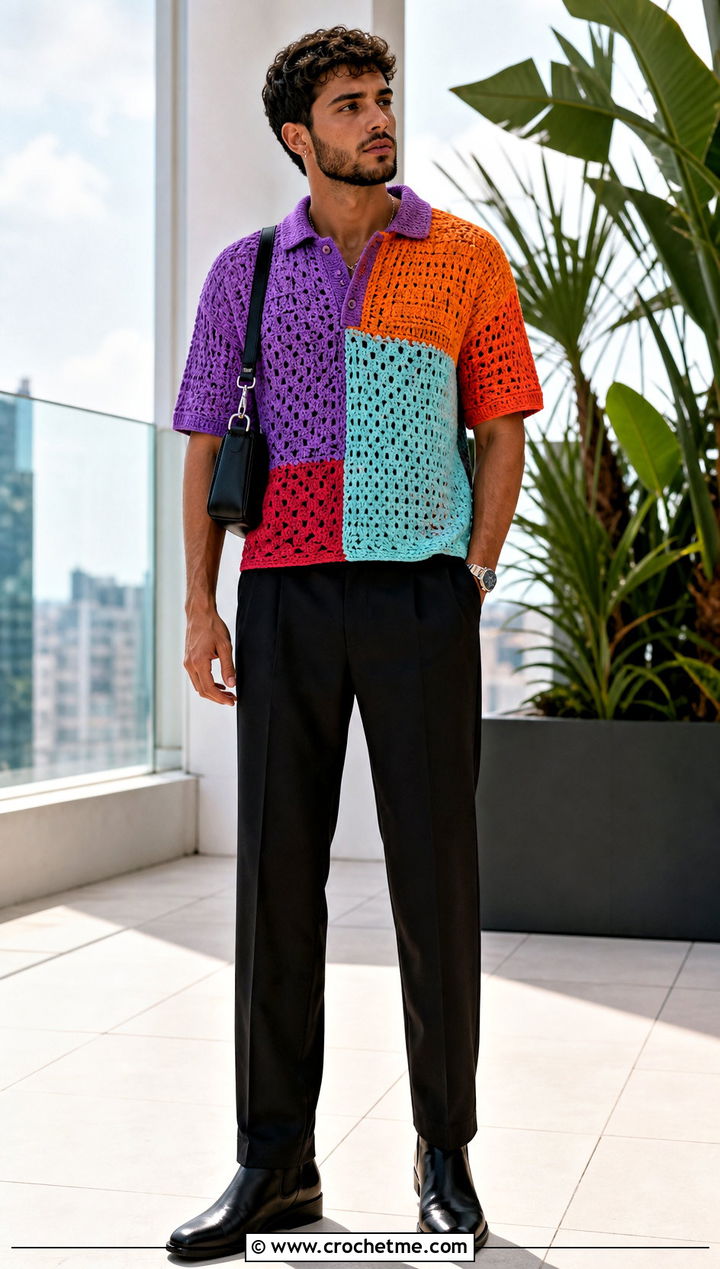Patchwork Crochet Polo With Black Trousers - 15 Mens Crochet Polo Shirt outfit ideas
