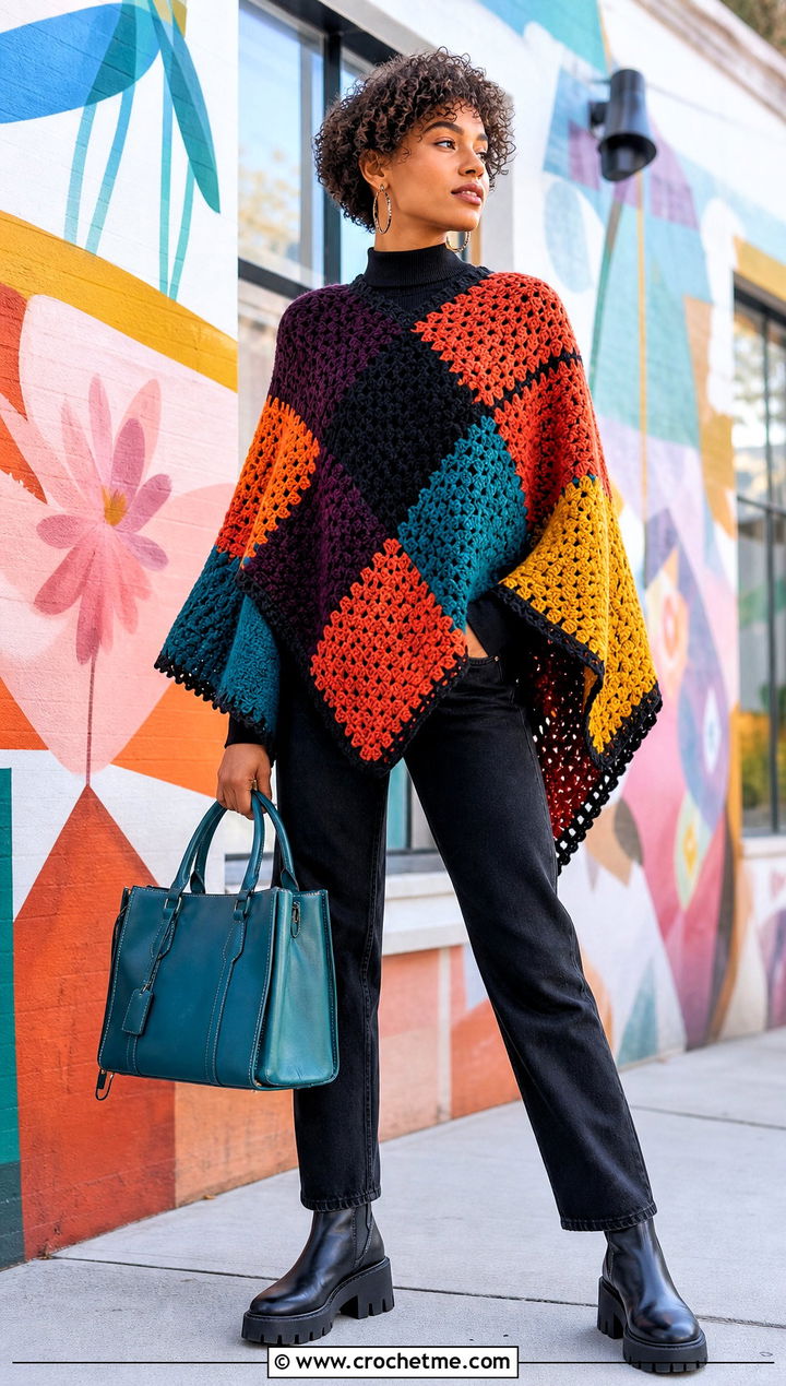Patchwork Crochet Poncho Sweater With Black Denim - 35 crochet poncho sweater outfit ideas