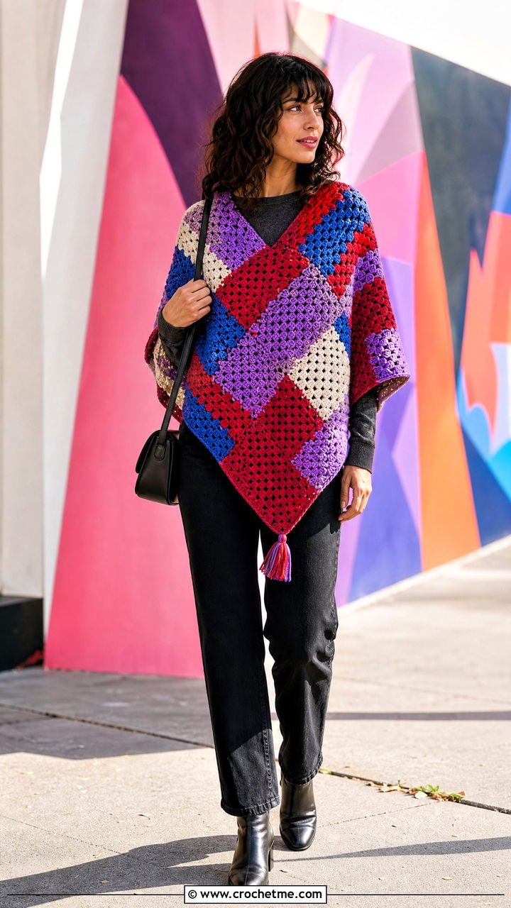 Patchwork Crochet Poncho With Black Denim - 35 easy crochet poncho woman outfit ideas