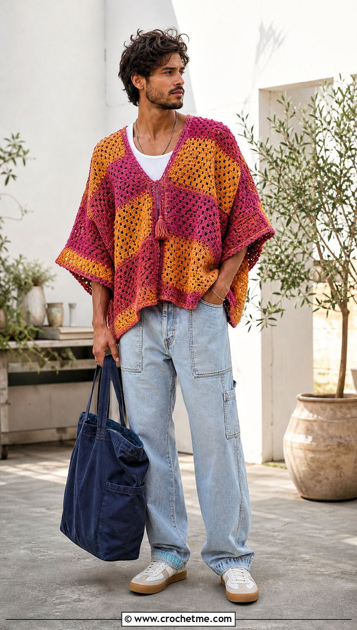Patchwork Crochet Poncho With Carpenter Jeans - 25 mens crochet poncho outfit ideas