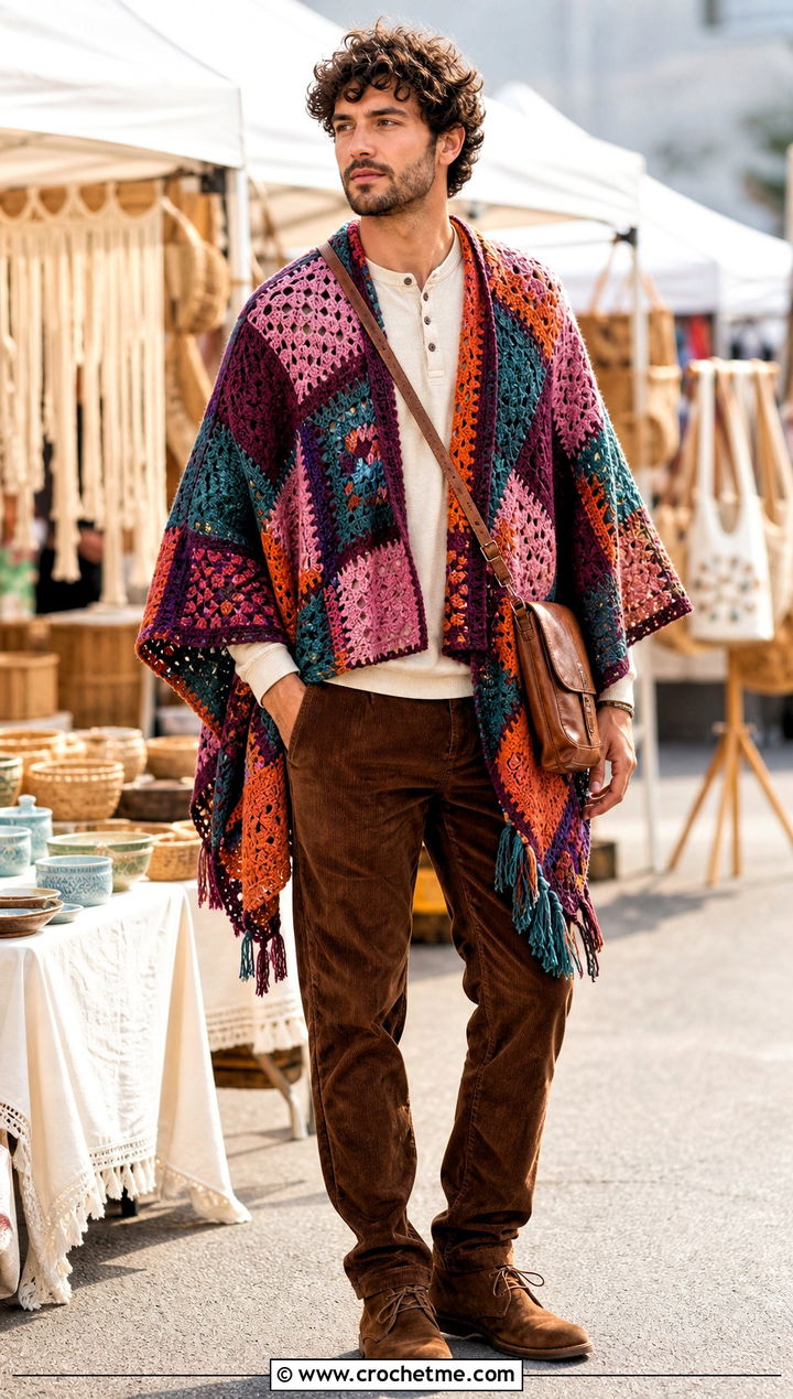 Patchwork Crochet Poncho With Corduroy Pants - 30 men crochet poncho outfit ideas