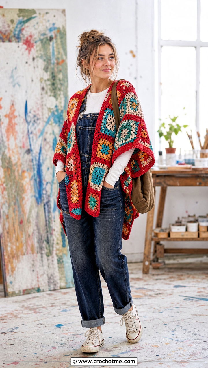 Patchwork Crochet Poncho With Denim Overalls - 20 crochet poncho for women outfit ideas