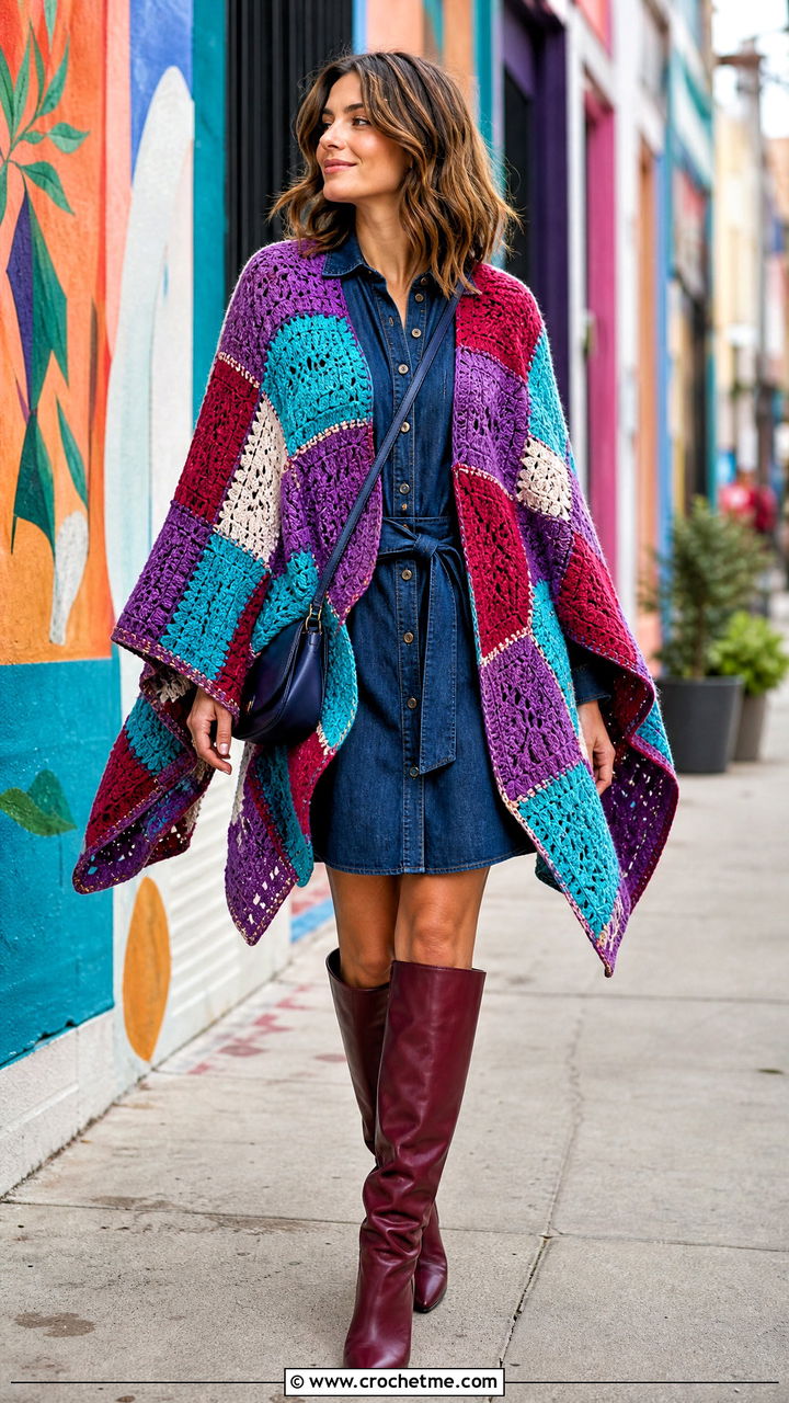 Patchwork Crochet Poncho With Denim Shirt Dress - 35 crochet poncho woman outfit ideas