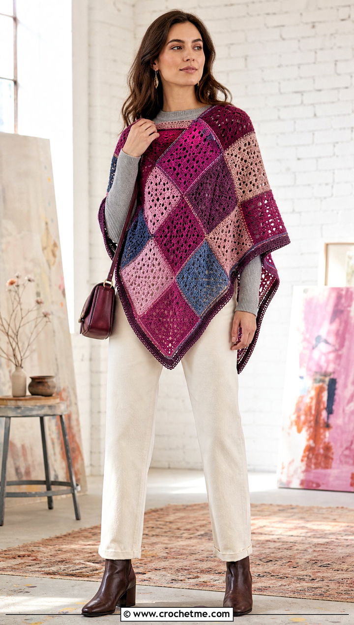 Patchwork Crochet Poncho With Ecru Jeans - 30 woman winter crochet poncho outfit ideas