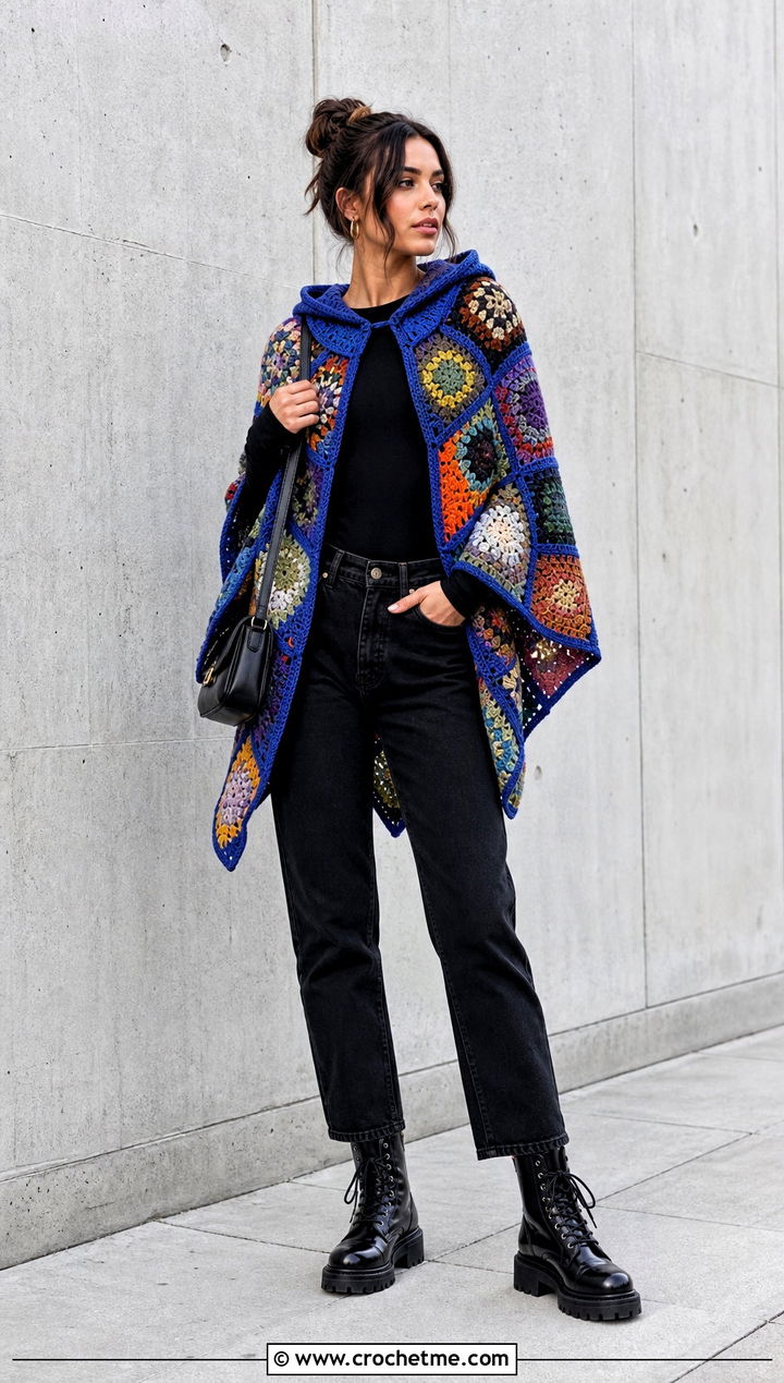 Patchwork Crochet Poncho With Hood And Black Denim - 35 crochet poncho with hood outfit ideas