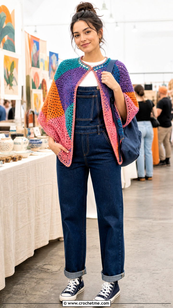 Patchwork Crochet Poncho With Overalls - 35 easy crochet poncho outfit ideas