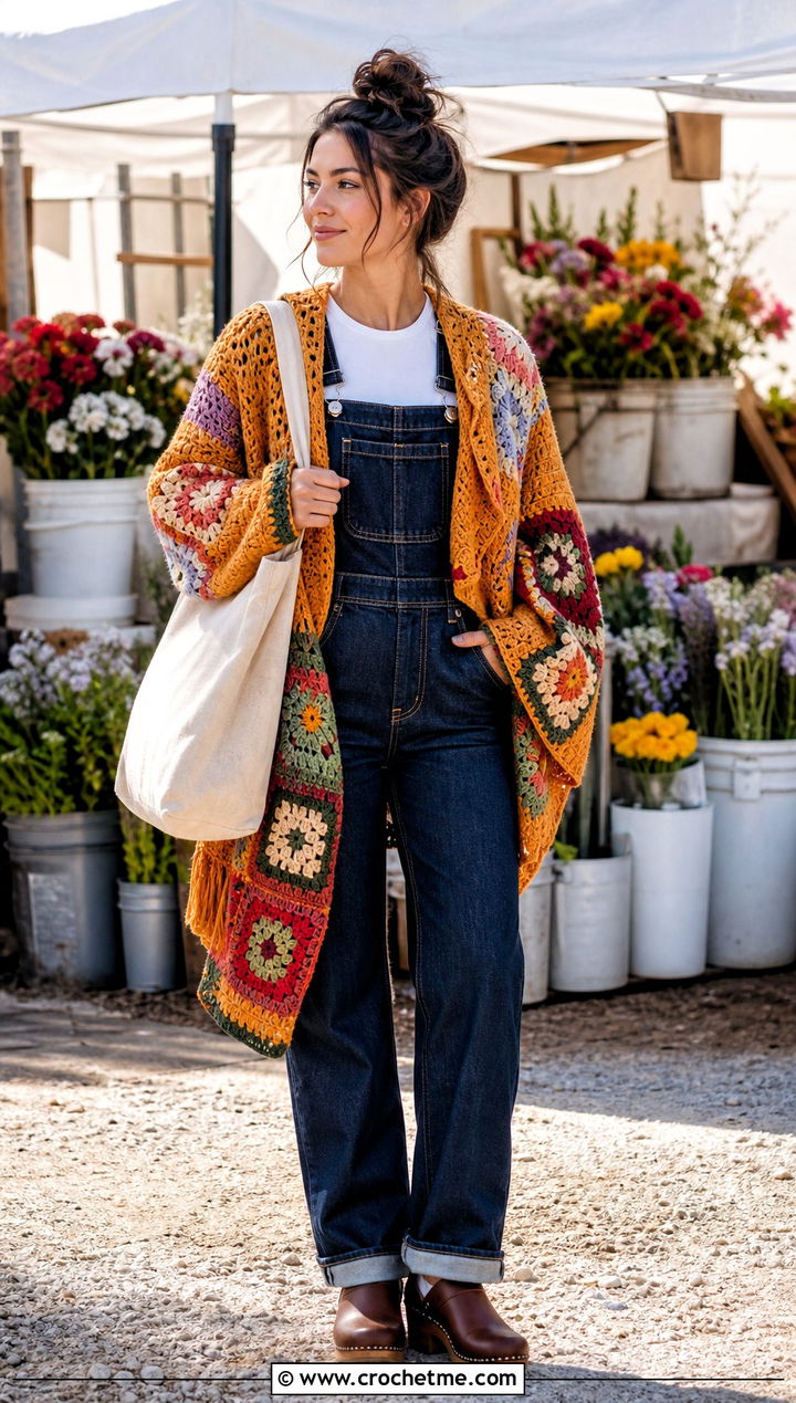 Patchwork Crochet Poncho With Sleeves And Denim Overalls - 30 crochet poncho with sleeves outfit ideas