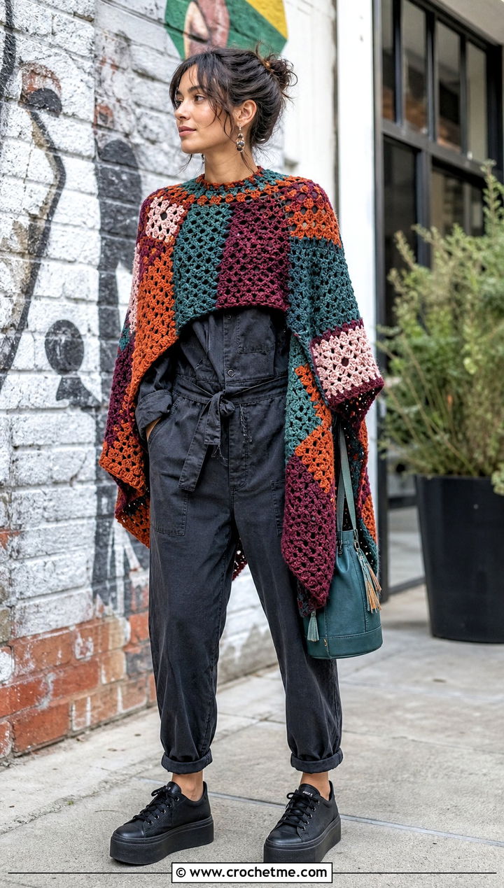 Patchwork Crochet Poncho With Utility Jumpsuit - 25 Beginner Crochet Poncho outfit ideas