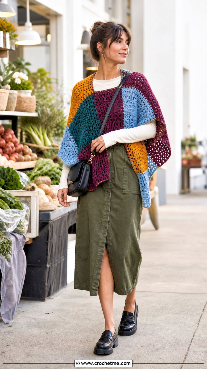 Patchwork Crochet Poncho With Utility Skirt - 35 crochet ponchos outfit ideas