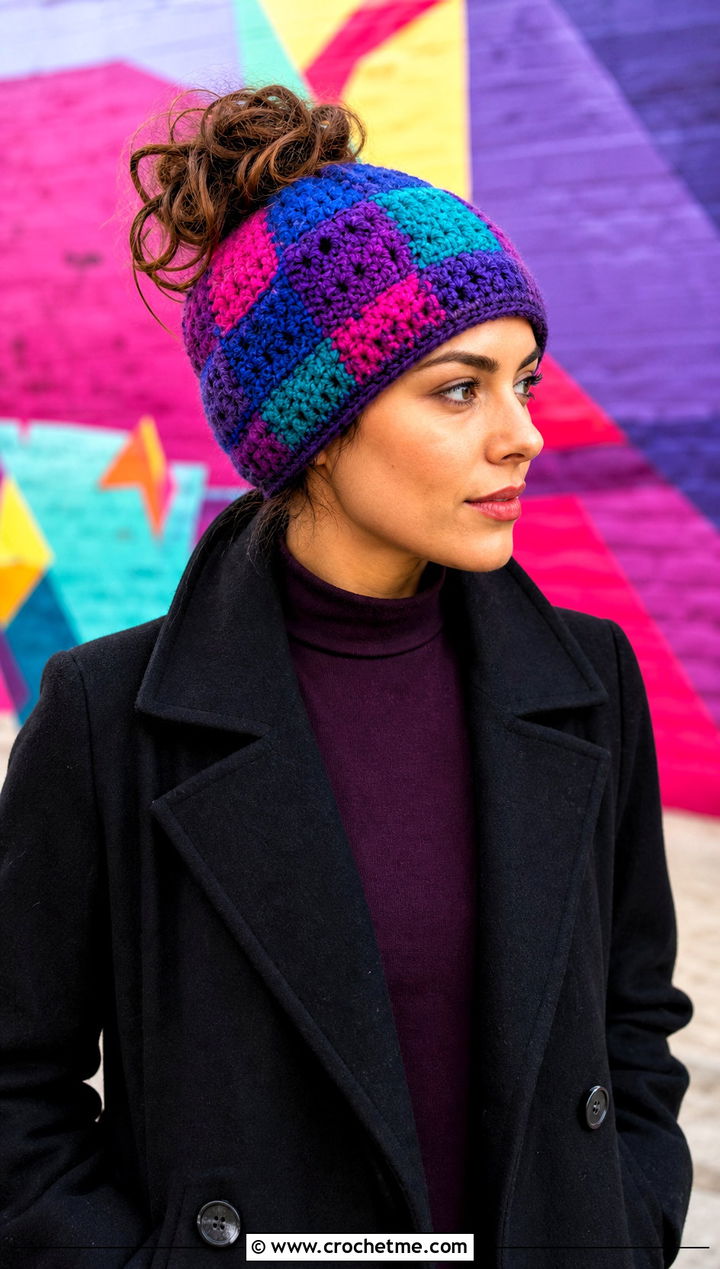 Patchwork Crochet Ponytail Beanie With Maxi Coat And Platform Boots - 20 Crochet Beanie With Ponytail Hole Hat outfit ideas