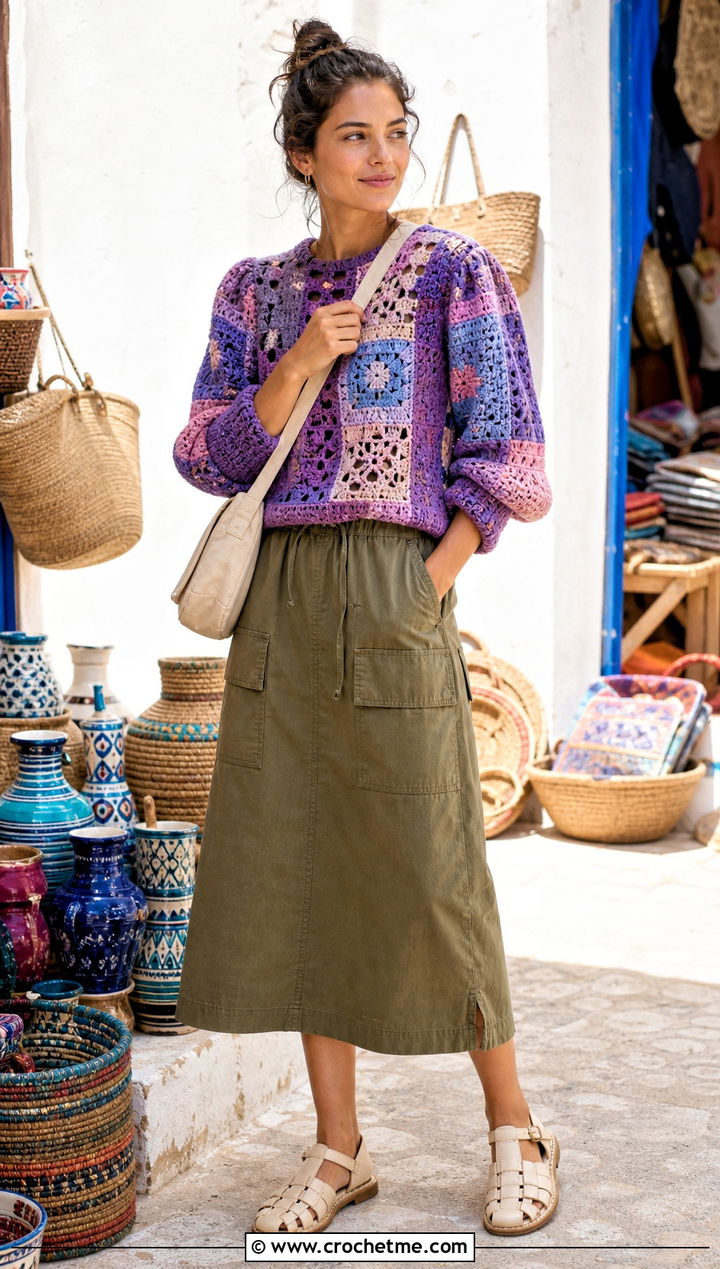 Patchwork Crochet Puff Sleeve Sweater With Utility Skirt - 25 Crochet Puff Sleeve Sweater outfit ideas