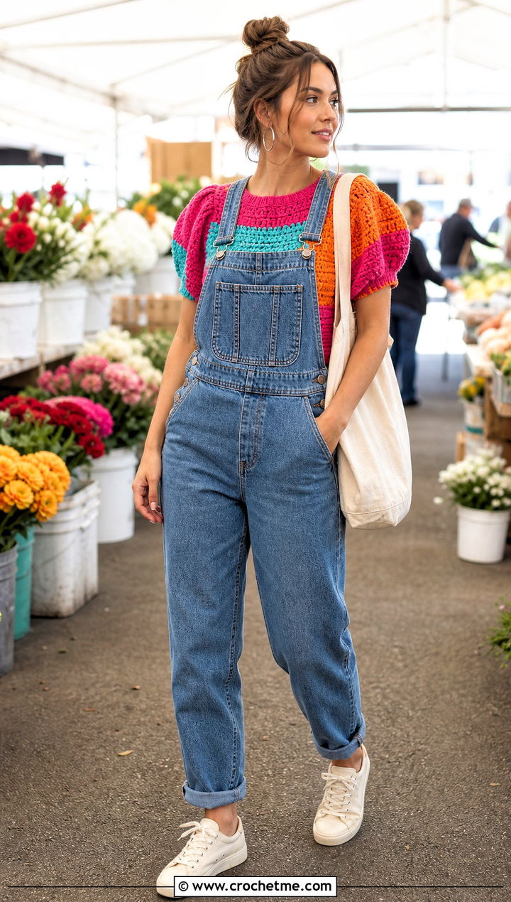 Patchwork Crochet Puff Top With Denim Overalls - 35 crochet puff top outfit ideas