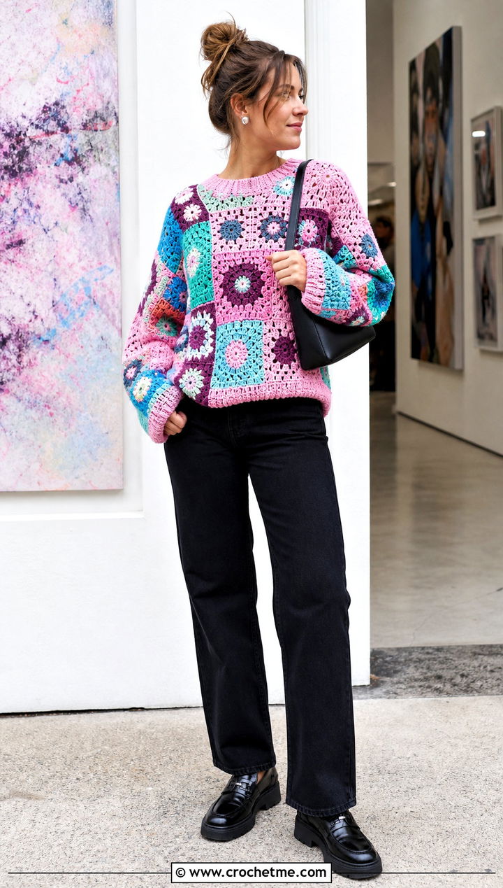 Patchwork Crochet Pullover With Black Denim - 25 women crochet pullover outfit ideas