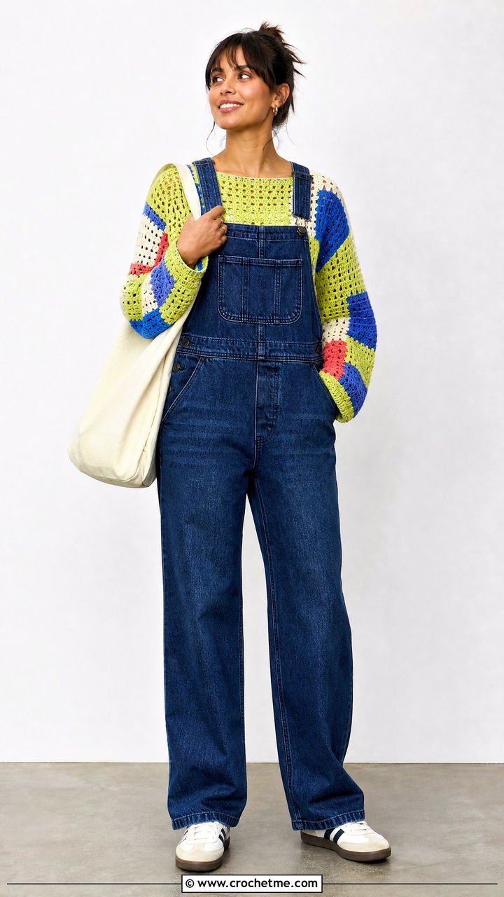 Patchwork Crochet Pullover With Denim Overalls - 35 crochet pullover outfit ideas