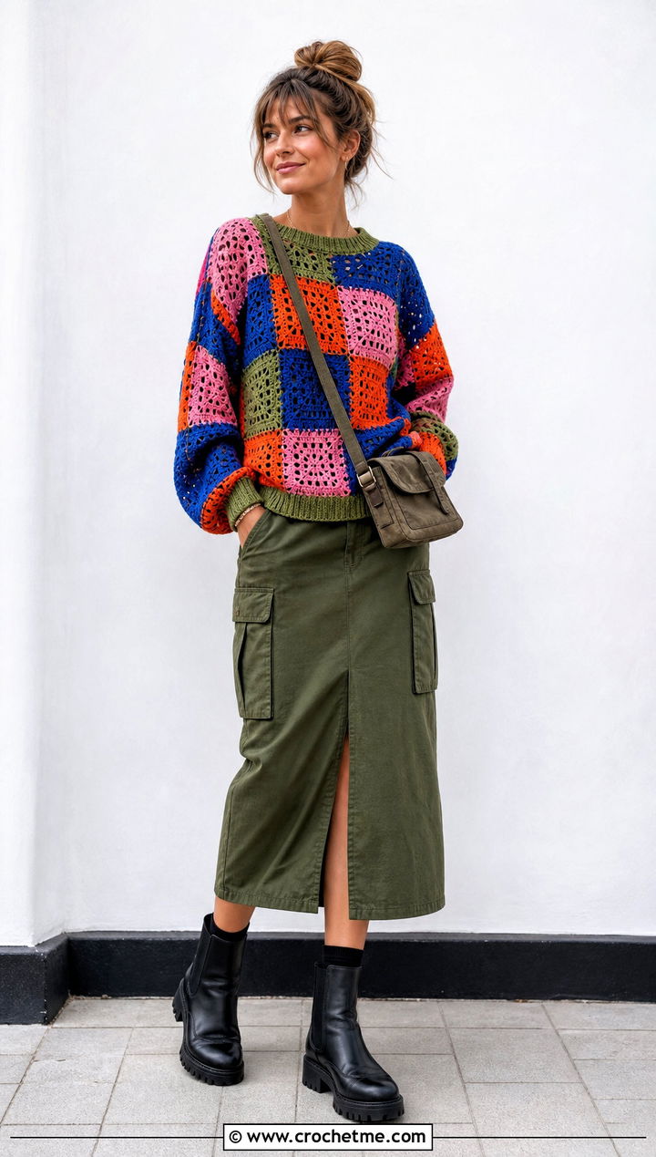 Patchwork Crochet Pullover With Utility Skirt - 30 Easy Crochet Pullover outfit ideas