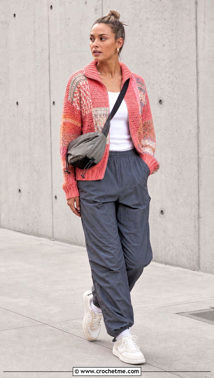 Patchwork Crochet Quarter Zip Sweater With Parachute Pants - 20 crochet quarter zip sweater outfit ideas
