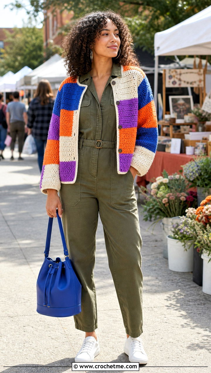 Patchwork Crochet Raglan Jacket Over A Utility Jumpsuit - 15 crochet raglan jacket outfit ideas