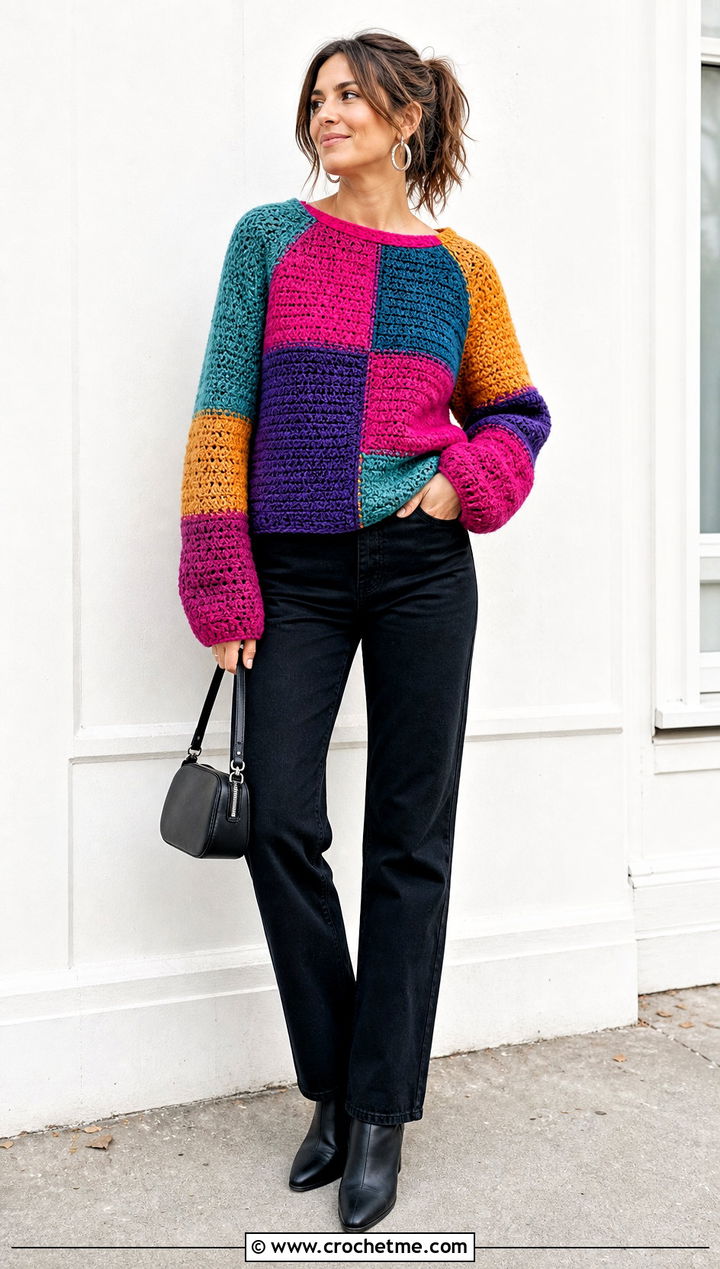 Patchwork Crochet Raglan Sweater With Black Jeans - 35 crochet raglan sweater outfit ideas
