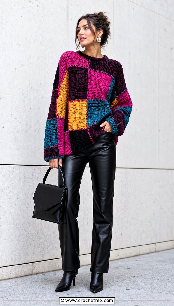Patchwork Crochet Rainbow Sweater With Leather Pants - 20 Crochet Rainbow Sweater outfit ideas
