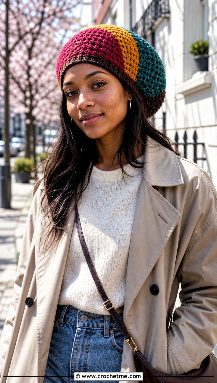 Patchwork Crochet Rasta Tam Hat With Trench Coat - 25 crochet rasta tam hat outfit ideas
