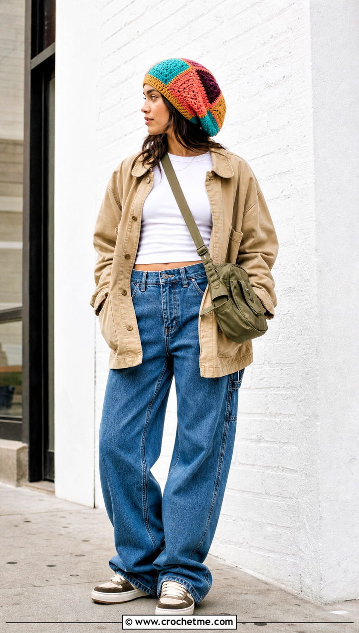 Patchwork Crochet Rasta Tam With Carpenter Jeans - 35 crochet rasta hats outfit ideas