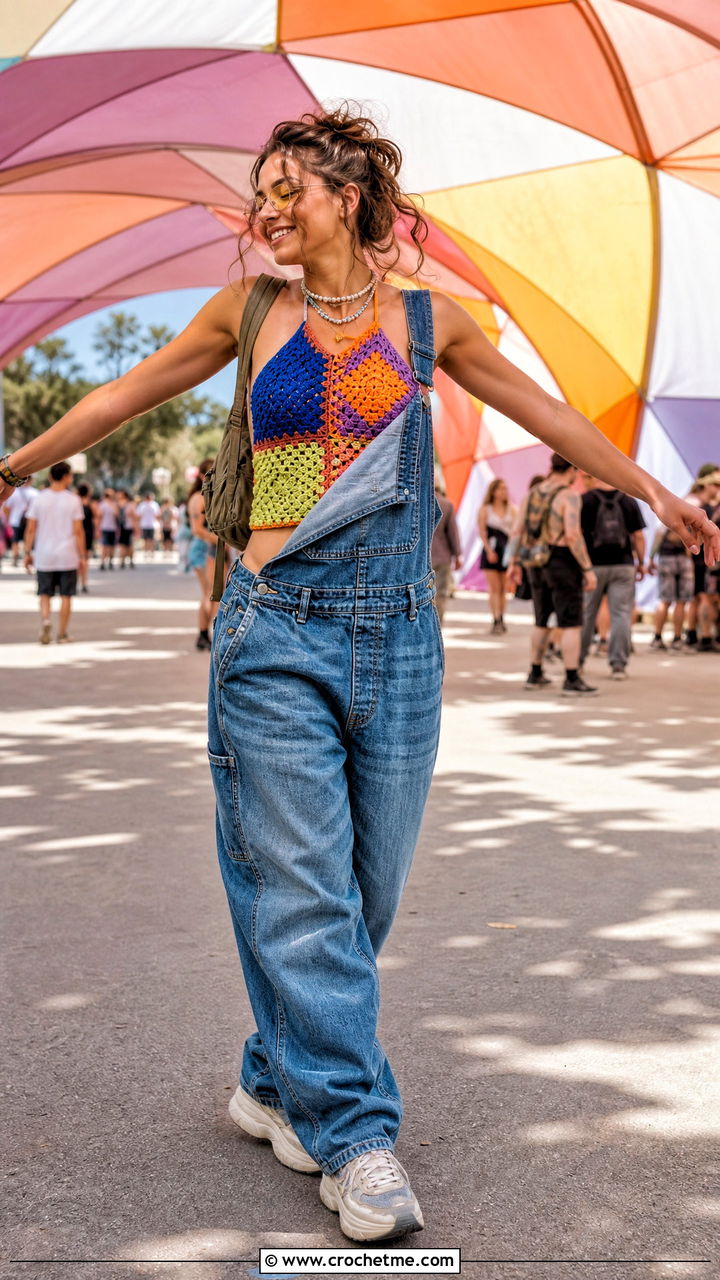Patchwork Crochet Rave Top With Denim Overalls - 35 crochet rave top outfit ideas