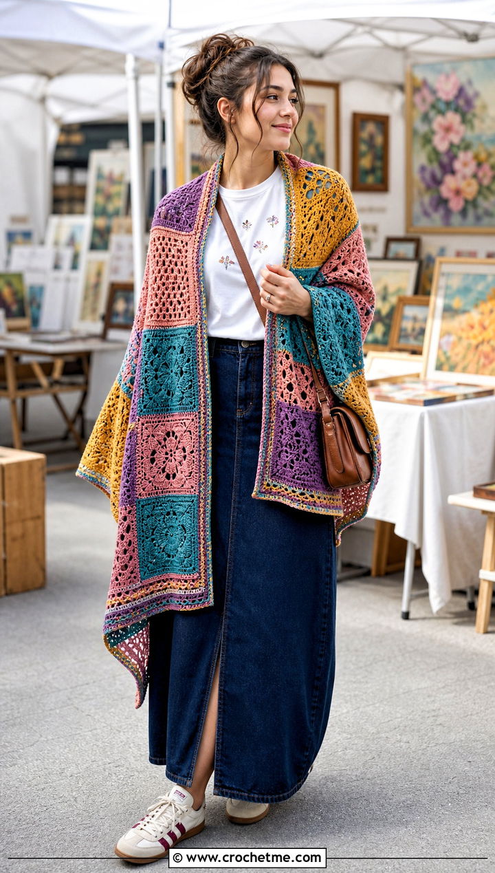 Patchwork Crochet Rectangular Shawl With Maxi Skirt - 30 crochet rectangular shawl outfit ideas