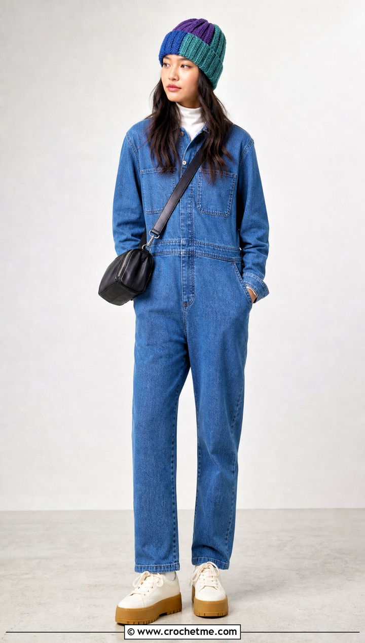 Patchwork Crochet Ribbed Beanie With Denim Boiler Suit - 35 crochet ribbed beanie outfit ideas