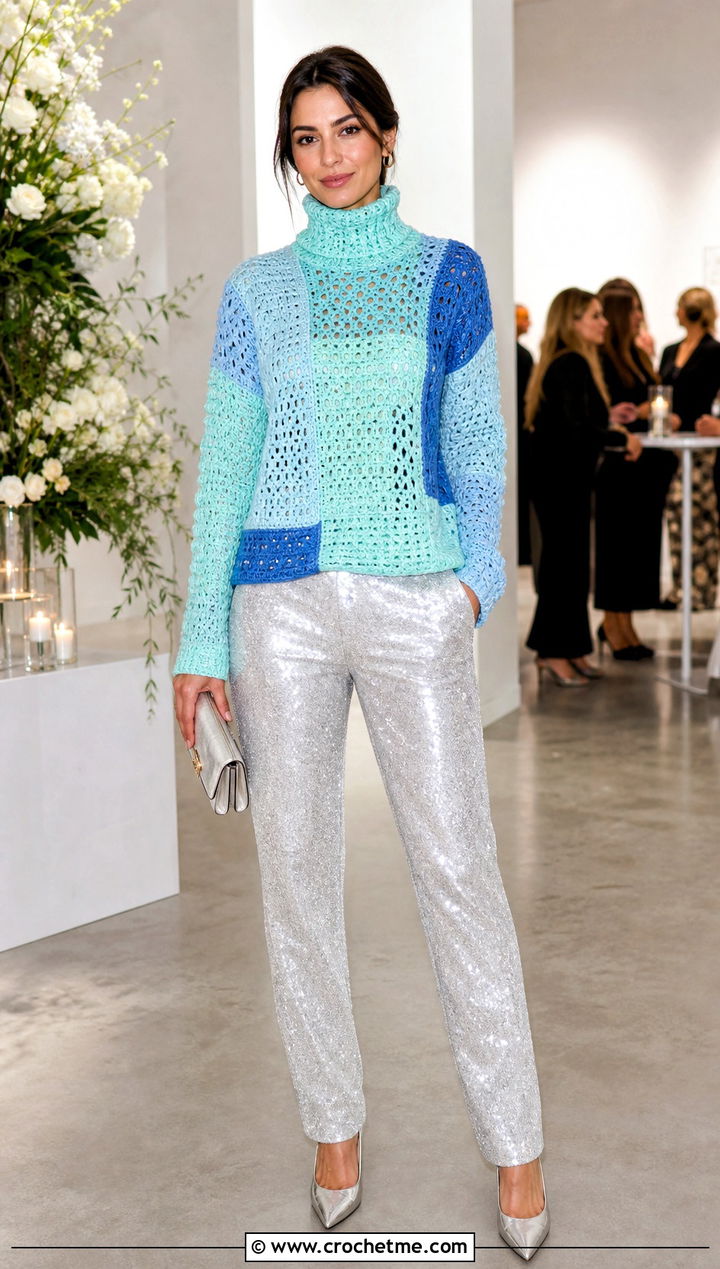 Patchwork Crochet Roll Neck Sweater With Sequin Trousers - 20 Crochet Roll Neck Sweater outfit ideas