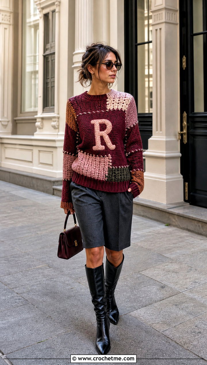 Patchwork Crochet Ron Weasley Sweater With Tailored Shorts - 25 Crochet Ron Weasley Sweater outfit ideas