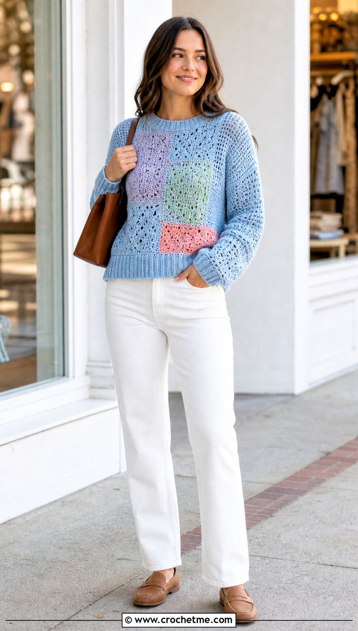 Patchwork Crochet Rory Gilmore Sweater With White Jeans - 25 crochet rory gilmore sweater outfit ideas