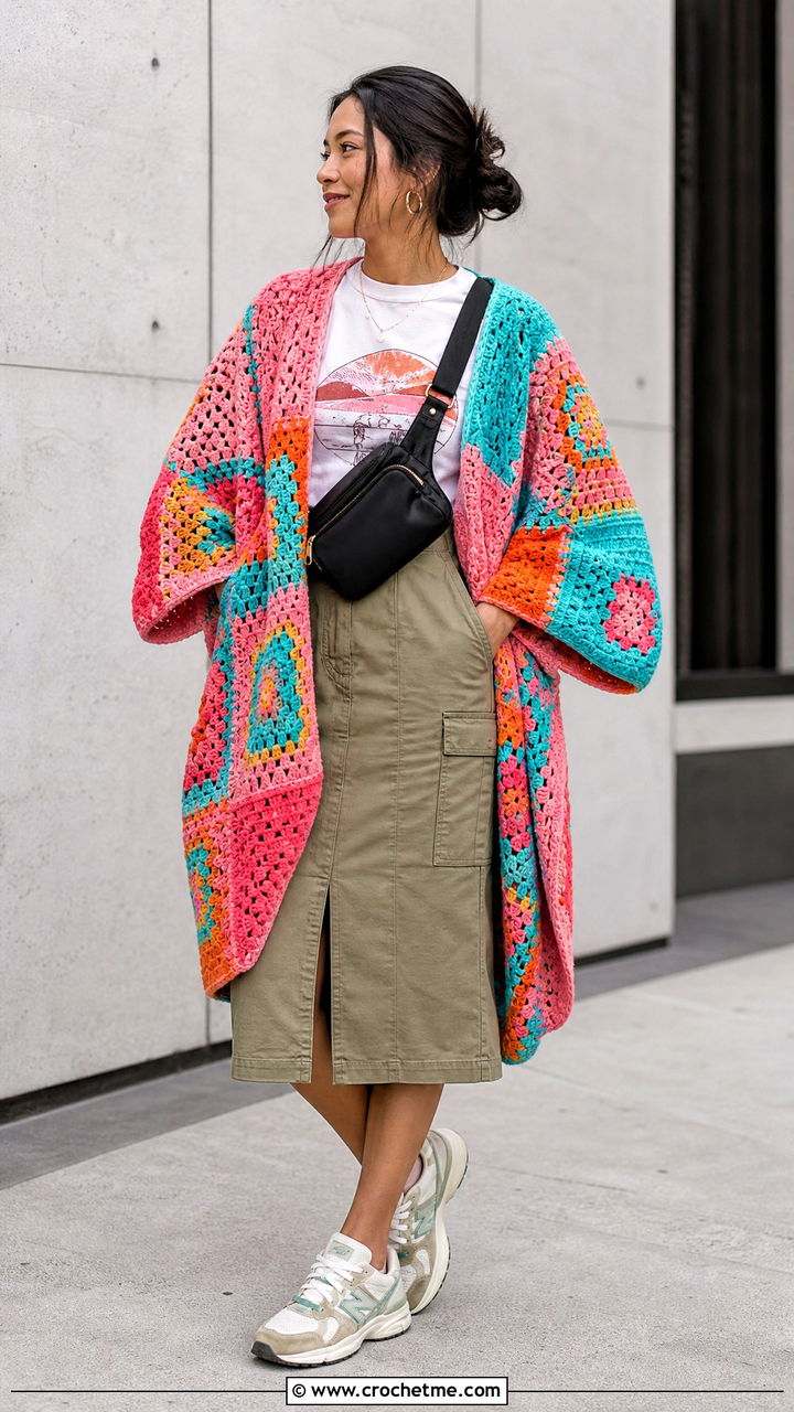 Patchwork Crochet Ruana With Utility Skirt - 35 crochet ruana outfit ideas