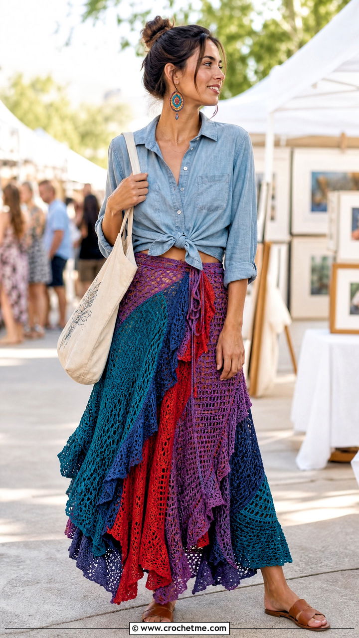 Patchwork Crochet Ruffle Maxi Skirt With Chambray Shirt - 35 crochet ruffle skirt outfit ideas